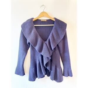 Vtg Y2K Handmade Alpaca Romantic Purple Ruffle Front Long Sleeve Button Sweater